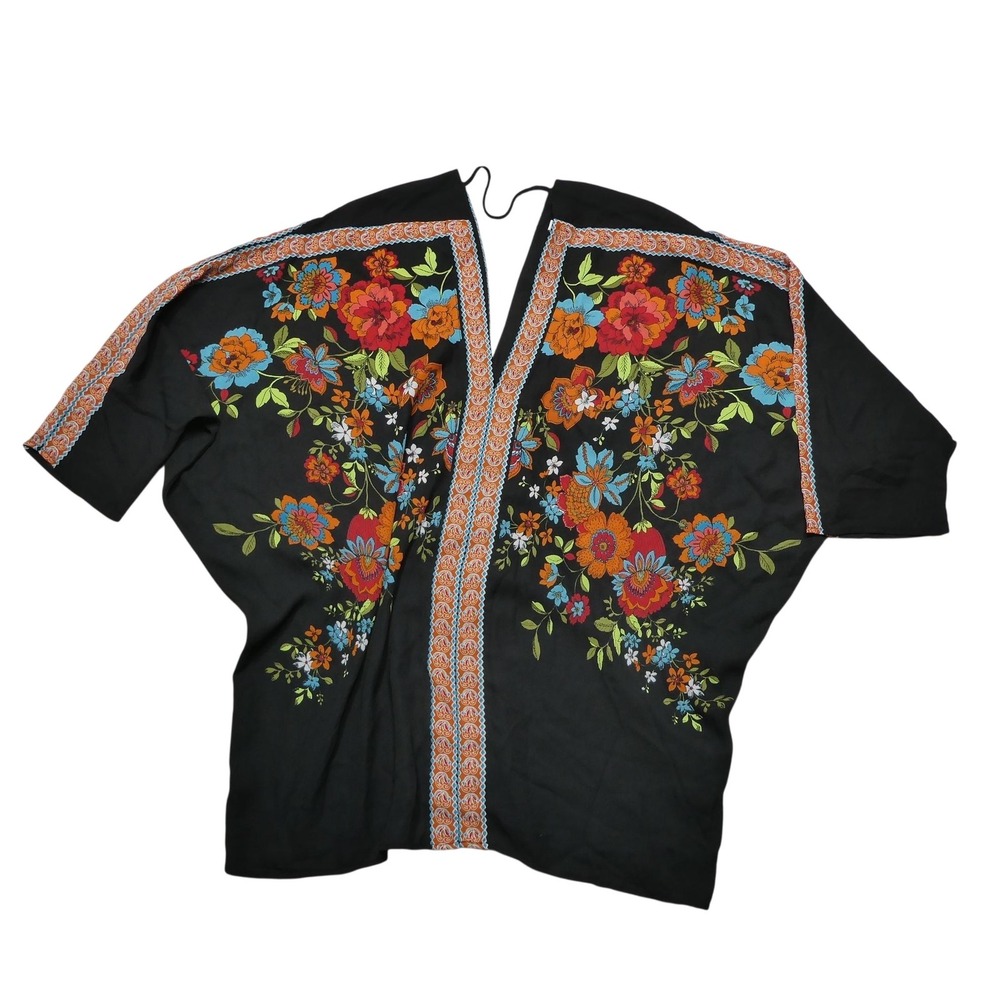 Rose+Olive Blouse Womens Medium Black Floral Kimono Boho Open Front Top